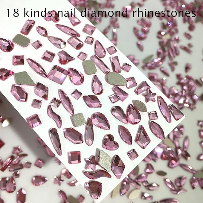 Light Pink Nail Rhinestones Kit, 18 Types of 900 Special-Shaped Nail Diamonds + 3200 Flat-Bottomed Nail Rhinestones, Nail Crystal Rhinestones for Manicure with Tweezer + Pickup Pen