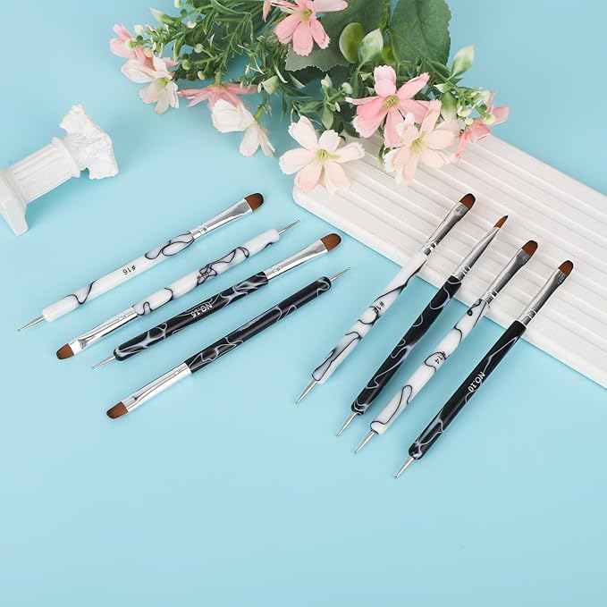 8pcs French Nail Brushes with Dotting Tool, Dual Ended Gel Acrylic Manicure Brushes for Detailed Clean up Nail Designs (10# 12# 14# 16#, Black and White)