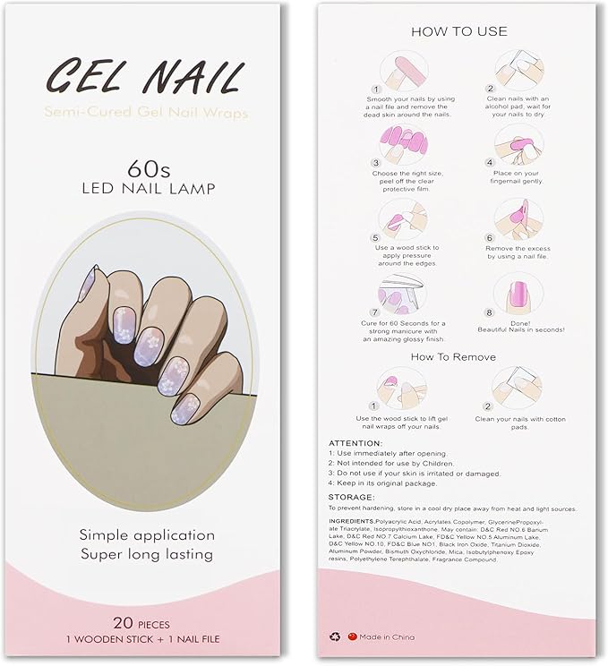 JMEOWIO Gel Nail Stickers Light Purple Pink Flower Semi Cured Gel Nail Strips Wraps UV/LED Nail Supplies Nail Art Design Decoration Accessories