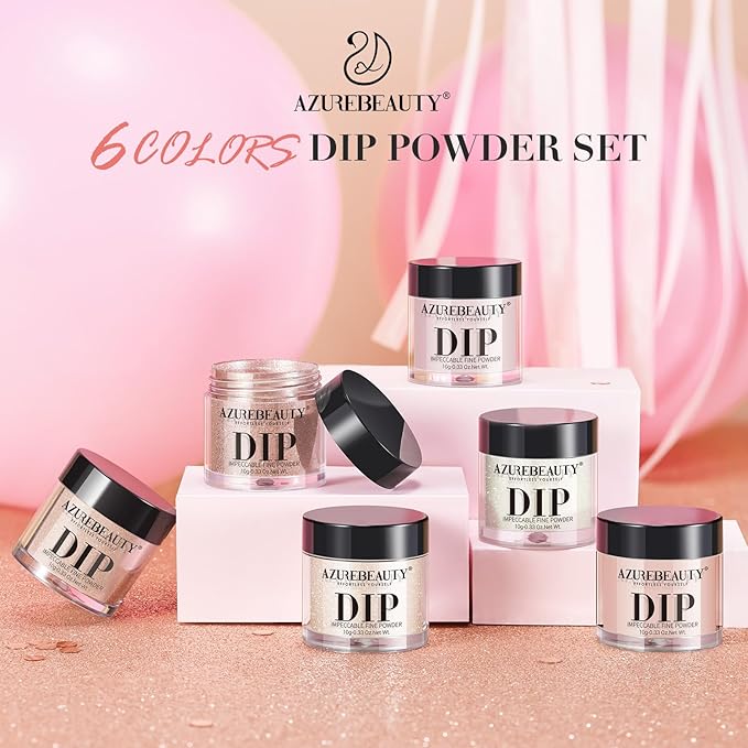 AZUREBEAUTY Dip Powder Nail Nude Set Light Pink Champagne Shimmery, All Seasons 6 Colors Dipping Powder Starter Kit French Nail Art Manicure DIY Salon for Women, No Need Nail Lamp Cured