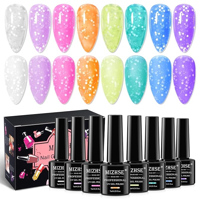 MIZHSE Neon Snowflake Gel Polish Set - 8 Colors Summer Hot Pink Neon Bright Macaron Candy Jelly Nail Polish Gel Popular Soak Off LED Nail Art Manicure DIY for Nail Salon