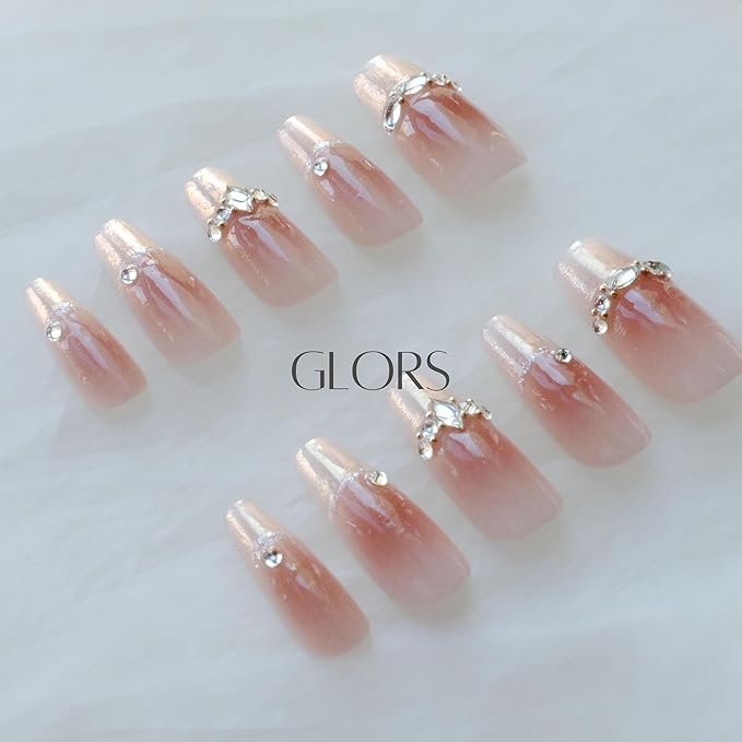Long Ballerina Press-on Nails, Pink French Style with Rhinestones, Coffin Shape, Handmade False Nail 10 Pieces (Medium,LB)