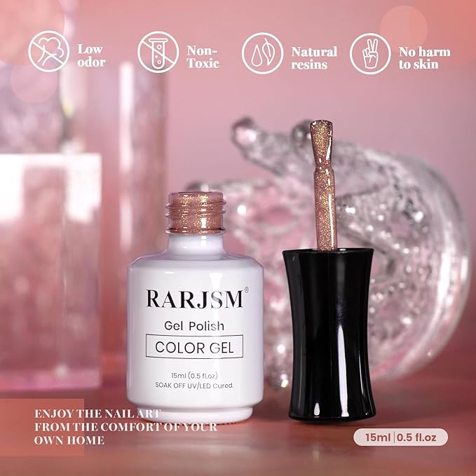 RARJSM Nude Rosy Brown Pink Golden Glitter Gel Nail Polish Nuded Skin Tone Sparkle Shimmer Jelly Sheer Color Gelpolish Home Salon French Manicure Varnish Soak off Curing Requires Single Bottle 15ml