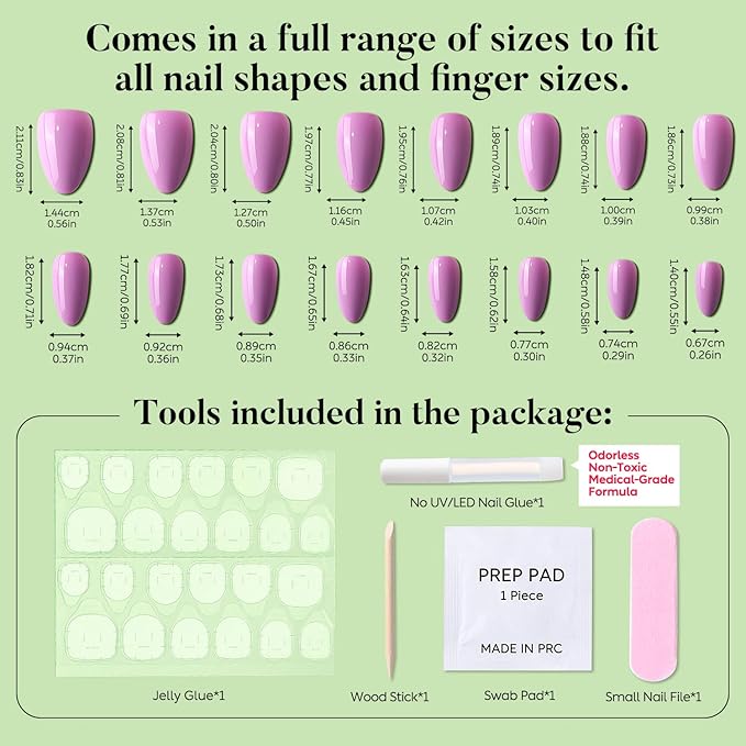 Luxbon Almond Press On Nails Short with No-Cure Nail Glue and Tool Kit – Almond Nail Tips Soft Gel Tips 25-30pcs Full Size Set, Reusable Fake Nails for Women, Salon Look at Home, Purple