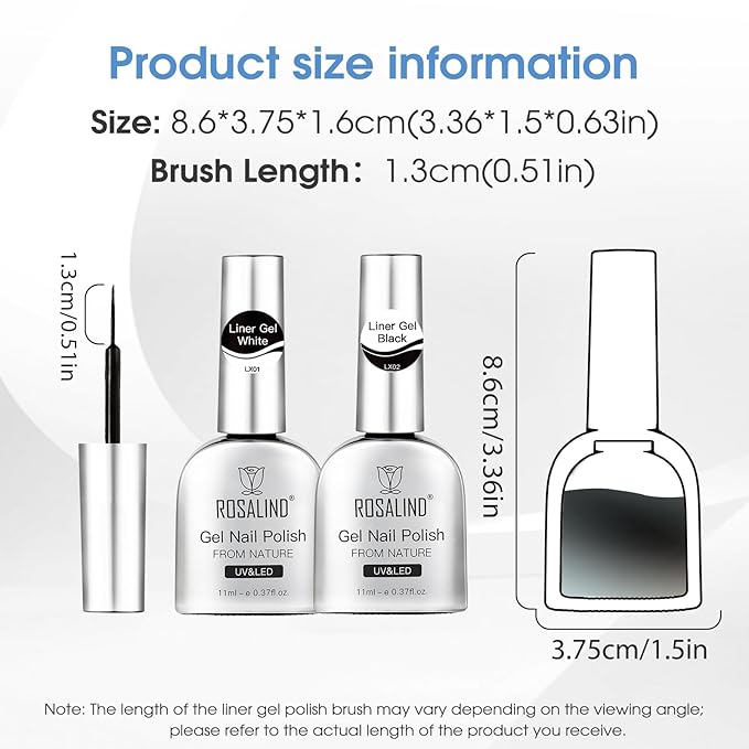 ROSALIND Gel Liner Polish Nail Art Set- 2pcs 11ml Black and White Gel Liner Nail Polish for French Tips Swirl Nails Built Thin Nails Art Brush UV Soak off Gifts for Women