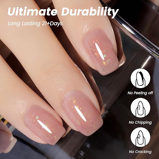 YTD Likomey Gel Nail Polish,Nude Glitter 15ml Rose Pink Brocade Shimmer Jelly Translucent Neutral Holographic Iridescent Sparkly Flakes Salon UV Manicure Nail Art Varnish,SF368