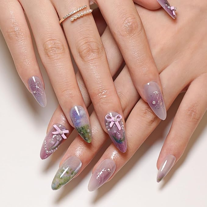 24Pcs Purple Press on Nails Medium Almond Fake Nails with 3D Bow Pearl Designs Glue on Nails Spring Summer Flower Acrylic Nails Cute Floral False Nails Full Cover Glitter Stick on Nails for Women