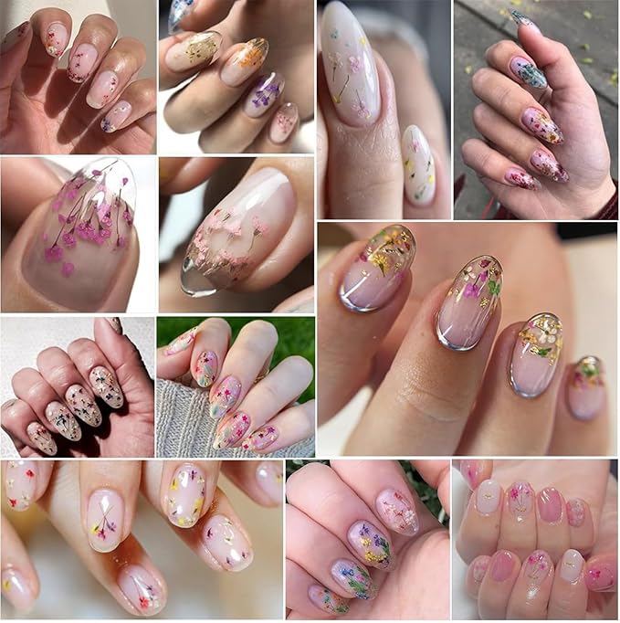 4 Boxes 3D Dried Flowers Nail Art Stickers Mini Dried Flower Nail Stickers Mixed Colors Dried Gypsophila Flowers Natural Floral Dried Flower Decals for Women Girls Nail Decorations DIY Craft