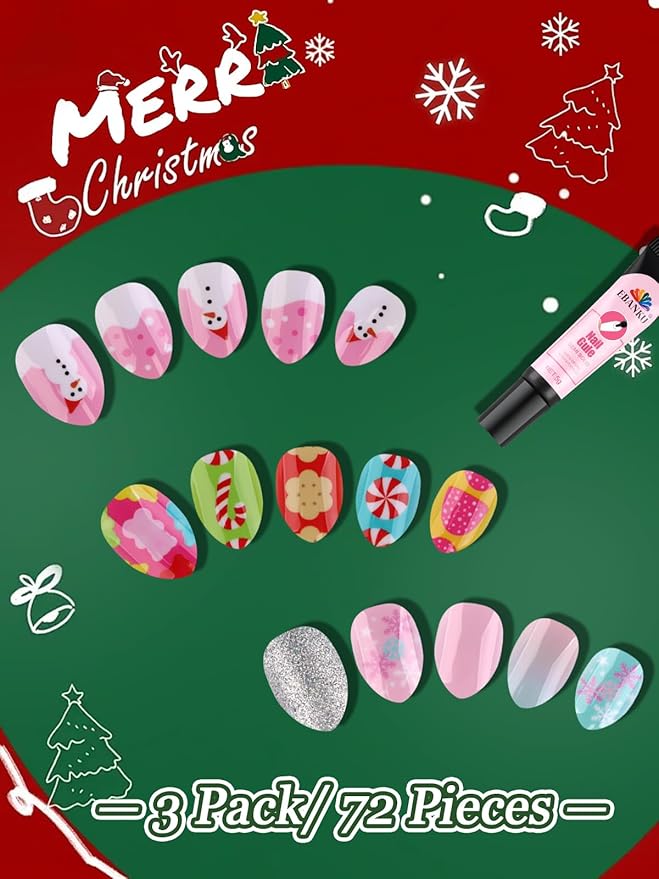 72 Pieces Christmas Press on Nails for Kids, EBANKU 3 Pack Kid Fake Nail Kit Cute Snowman Press on Nails for Girls 7-12 Years with Nail Glue