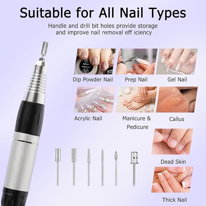 Electric Nail Drill Machine 30000RPM Nail Efile Professional Nail File Kit for Acrylic, Gel Nails, Manicure Pedicure Polishing with 6 Drill Bits and Sanding Bands