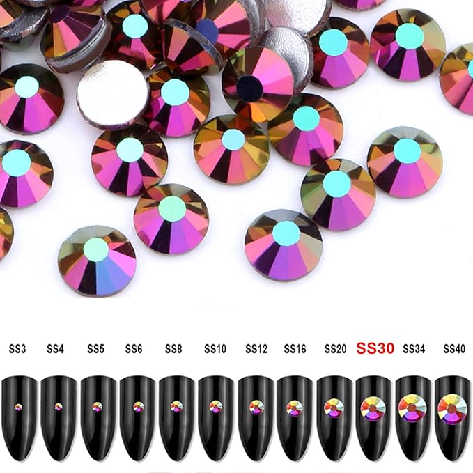 Dowarm 288 Pieces SS30 Flatback Rhinestones, 6.5MM Flatback Crystal Rhinestones for Craft, Nails, Dance Costumes, Non Hotfix (Metallic Rainbow AB)