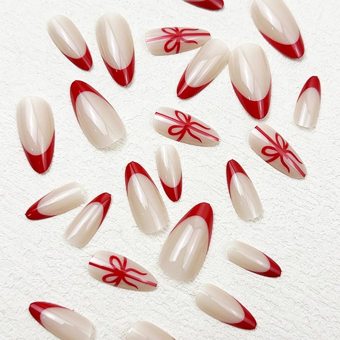 Press On Nails Almond Christmas, French Tip Press on Nails Short, Glue On Nails for Women Gift, Supremely Fit Natural Reusable Stick On Nails in 12 Sizes -24 Fake Nails Kit, French Bow