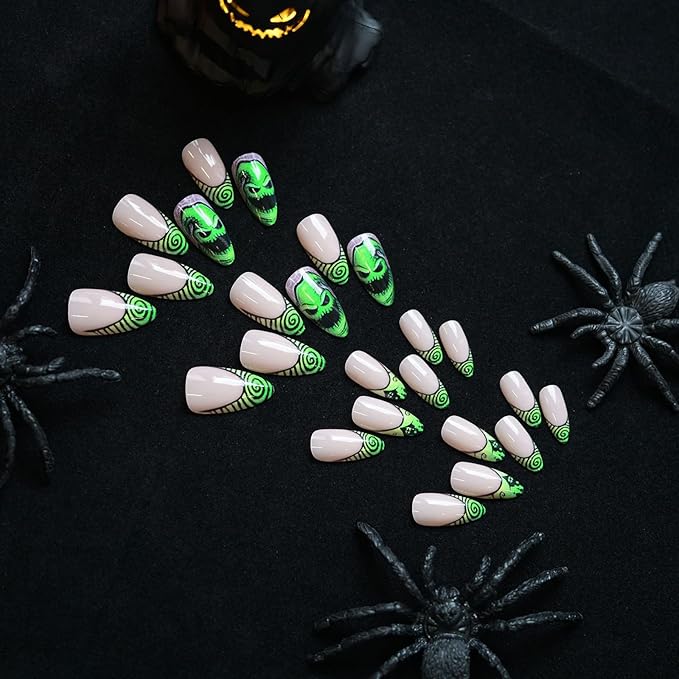 Halloween Green Press on Nails, Glossy Almond Fake Nails, French False Nails with Green Big Eye Monster & Swirl Designs, Full Cover Acrylic Stick on Nails for Women Girls Daily Wear 24 Pcs