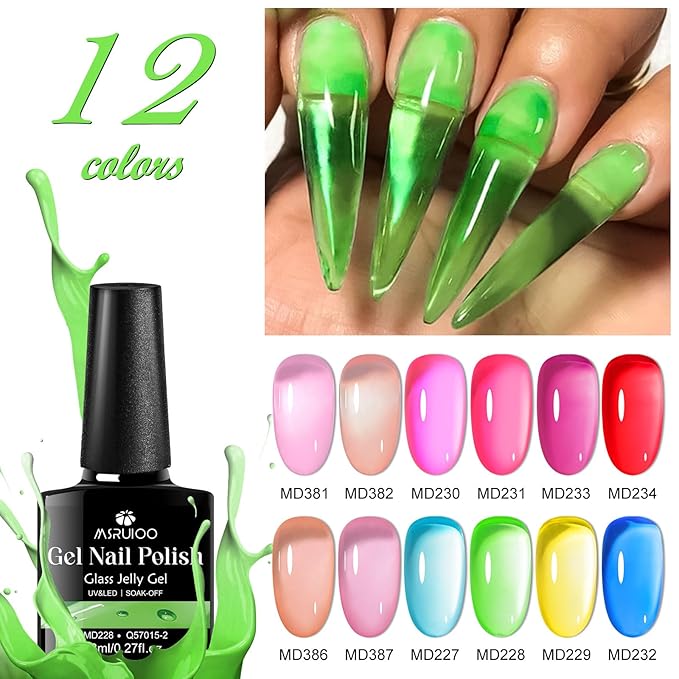12 Colors Jelly Gel Nail Polish Set Crystal Neon Gel Polish Pastel Pink Blue Green Transparent Rainbow Manicure Kit Gift for Women Girls 8ML