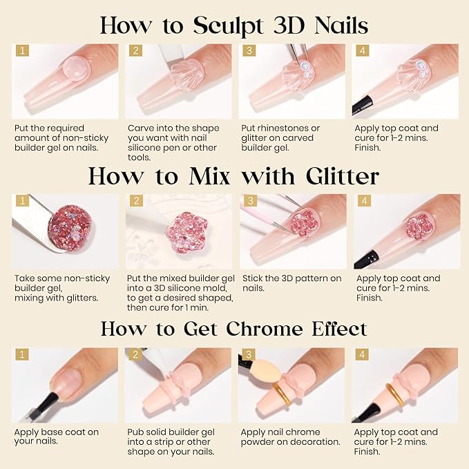 MIZHSE Solid Builder Gel Clear 3D Nail Gel, Non-Stick Hand Sculpting Gels for 3D Nail Art Carving Building Modeling, Nail Extension, Soak Off UV/LED Nail Art Salon Home DIY