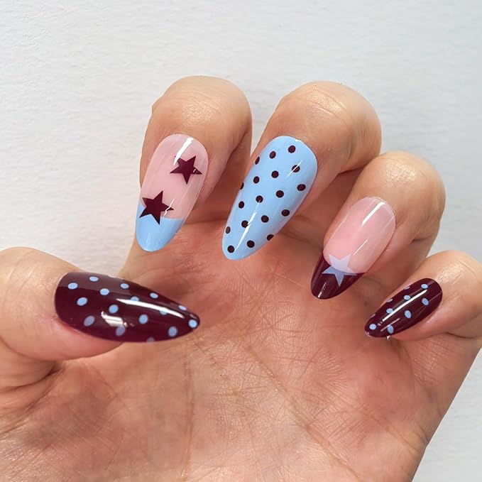 Short Almond Press On Nails - Red White Polka Dot Pop Art Design,Easy Application Manicure Set for Work, Party & Daily Use, Perfect for Women and Students