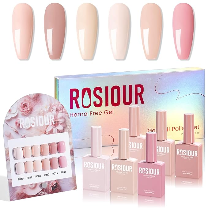 6PCS 18ml Nude Gel Nail Polish Set- Hema Free Nude Pink Yellow Soak off Gel Polish Set with Swatch Board- Light Pink Off-White Gel Colors Nail Art Manicure Salon DIY at Home for Women Girl