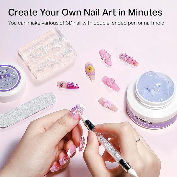 MIZHSE 3D Gel Nail Art Sculpting Gel, 60g Large Capacity Clear Solid Builder Gels for Nails, Non-Sticky Molding Hard Gels for Nail Art Charms, UV LED, with Gold Chrome Powder & Silicone Flower Mold