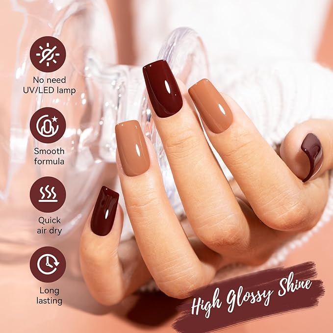 Chocolate Brown Nail Polish, 2 Colors Mocha Mousse Nail Polish Duo Non-Gel, Opaque, Fast Drying, Rich in Castor Oil, Streak Free & Long Lasting Glossy Nail Art