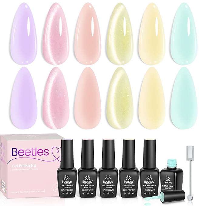 Beetles Jelly Gel Nail Polish Set, 6 Colors Pastel Pink Cat Eye Blue Purple Yellow Green Glitter Gel Polish Kit with Magnet Sticker Soak Off UV Gel Nail Art Salon DIY at Home Easter Gift for Women