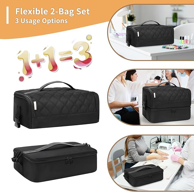 OCHEAL Nail Polish Organizer, Holds Nail Lamp and 45+ Bottles,3 Usage Modes Detachable Nail Storage Bag Travel Nail Tech Case Holds Nail Kit Stuff Manicure Tools -Black