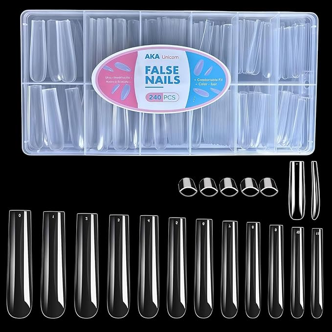 240Pcs Soft Gel Nail Tips, Long Square Clear Full Cover Fake Nails, XXL Acrylic Nail Extensions Kit, Clear Press On Nails Tips for Home DIY & Beginner, 12 Sizes