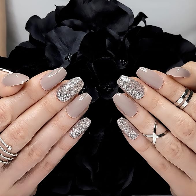 Hypnaughty 24 Pcs Beige Ballerina Press On Nails with Glue Medium Short Length Fake Nails with Glitter Design Glossy Acrylic Press On Nails Full Cover (Beige)