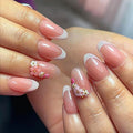 White French tips Press on Nails - Medium Almond Fake Nails - 3D Flower Glue on Nails Nude False Nail Glossy Reusable Spring Nail for Women Manicure 24pcs