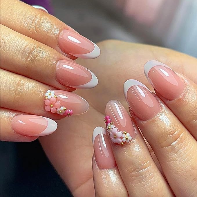 White French tips Press on Nails - Medium Almond Fake Nails - 3D Flower Glue on Nails Nude False Nail Glossy Reusable Spring Nail for Women Manicure 24pcs