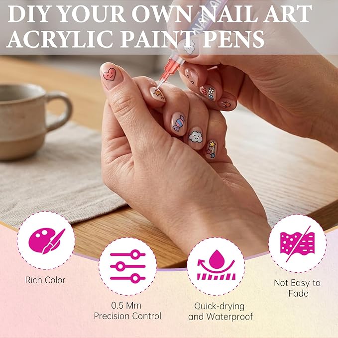 12 Colors Nail Art Pens Set, Acrylic Nail Polish Pens with 0.5mm Fine Tip, Quick-Drying & Waterproof Nail Art Pens for DIY Nail Designs, Home & Salon Use