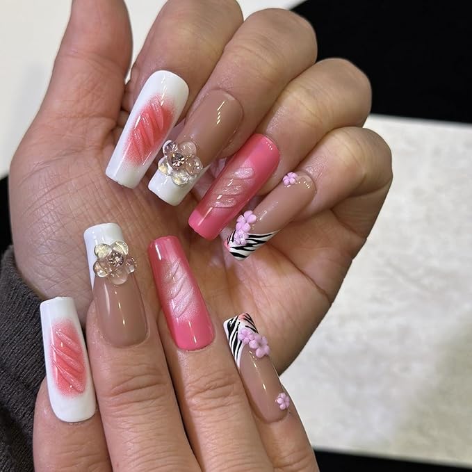 Handmade Press on Nails Long Square Shaped Fake Nails with 3D Rhinestones Flower Design Thick Acrylic and Muti-Layer Gel False Nails White French Tip Full Cover Acrylic Nails for Women (Size S)