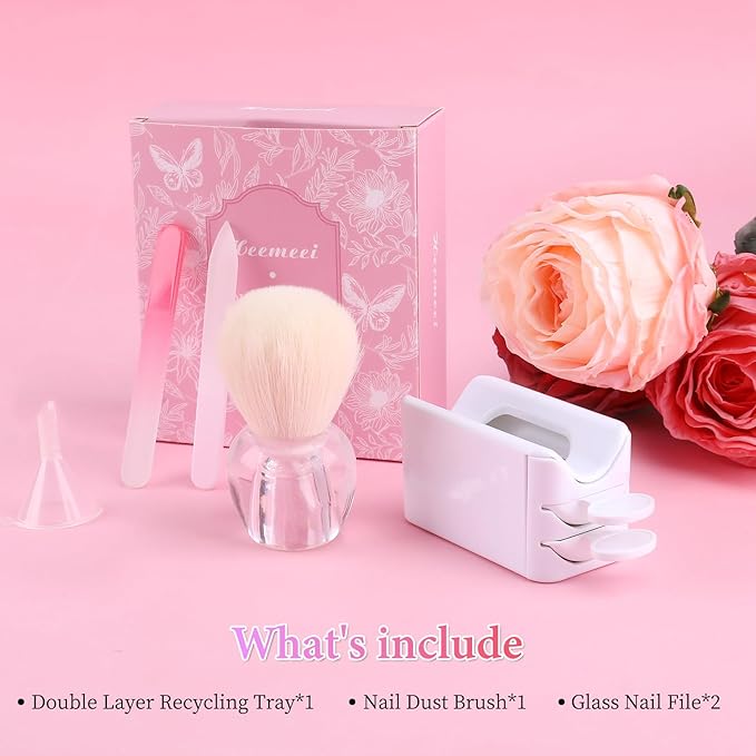 Dip Powder Recycling Tray System, Portable Nail Dip Powder Tray Kit with Nail Dust Brush, Glass Nail File, French Nail Art Manicure Essential Tool, Makeup Tool Glitter Saver(White)