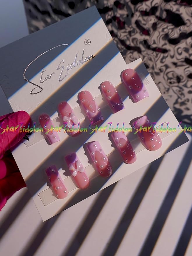 HAND-PAINTED White Press Ons Neon Small Press on Nails Long French Press on Nails Coffin Medium Short Nail art Fake Nail Art Kit with 7g Glue on Nails Handmade Almond Square Nails (TJ-9, X-Small)
