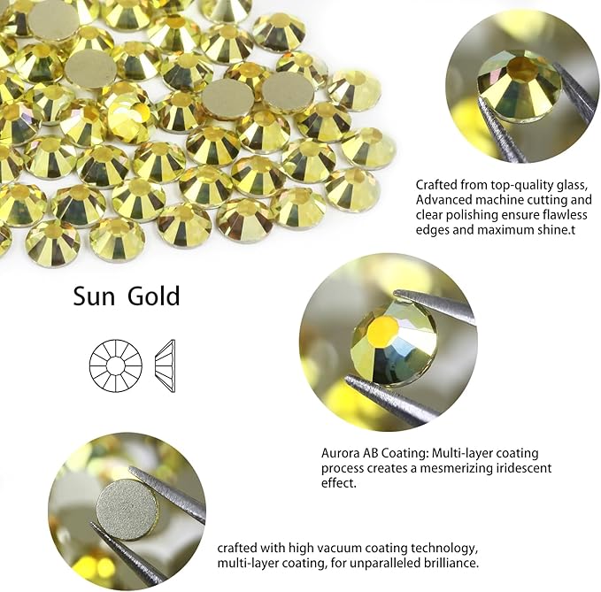 Genie Crystal ss20 Golden Sunshine Flatback Glass Rhinestones, 4.8mm 1440pcs Pack Diamond Cut Rhinestone for DIY Crafts,Tumblers,Shoes,Home Décor