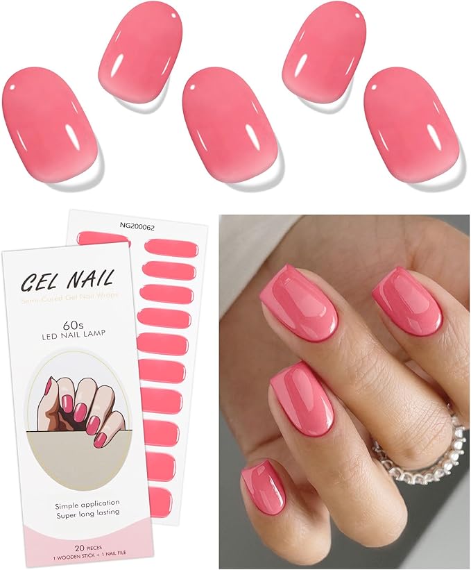 JMEOWIO Gel Nail Stickers Orange Pink Semi Cured Gel Nail Strips Wraps UV/LED Nails Art Design Decoration Accessories