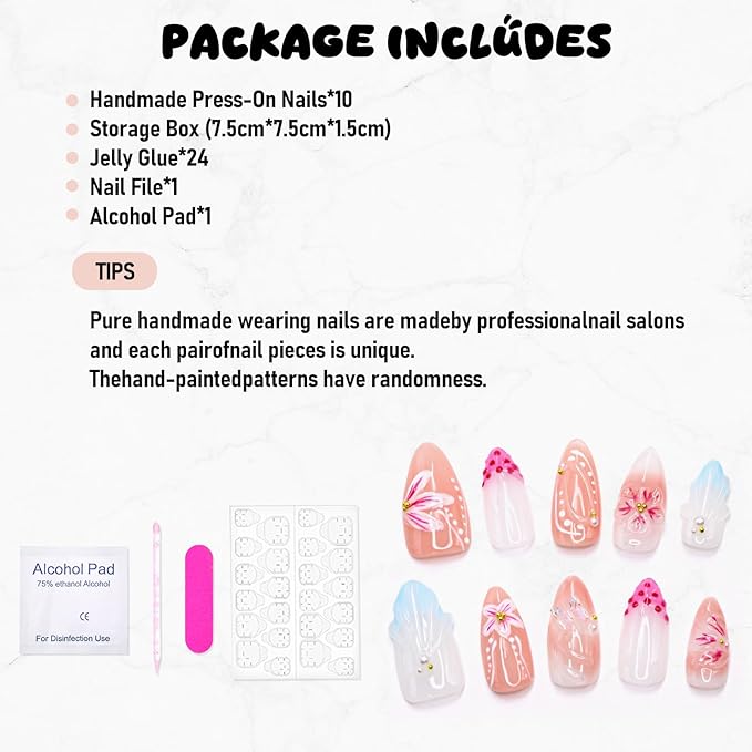 Flower Press on Nails - Medium Almond French Tip Fake Nails Handmade Press on Nails 3D Flower Butterfly False Nails with Water Ripple Design Muti-Layer Gel Artificial Acrylic Nails for Women (Size S)