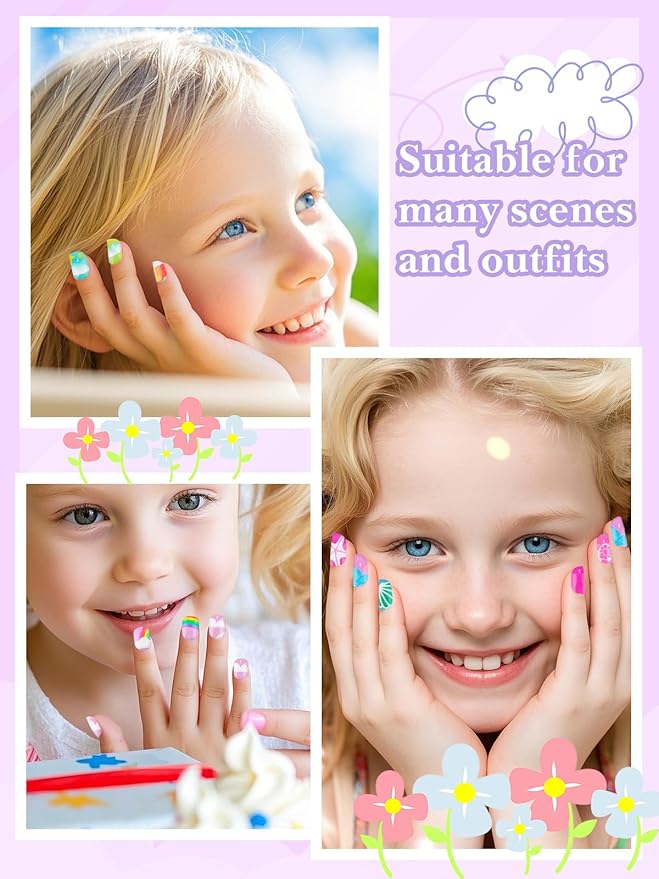 168 Pieces Press on Nails for Kids, EBANKU 7 Pack Kid Fake Nail Kit Summer Shells Butterfly Press on Nails for Girls 6-12 Years with Nail Glue