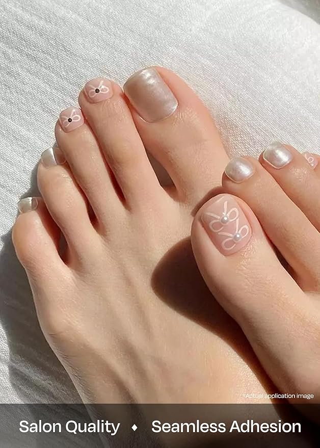 ohora Semi Cured Gel Pedi Strips (P Lily) - White, Gemstone, Works with Any UV/LED Lamps, Salon-Quality, Long Lasting, Easy to Apply & Remove - Includes 2 Prep Pads, Nail File & Wooden Stick