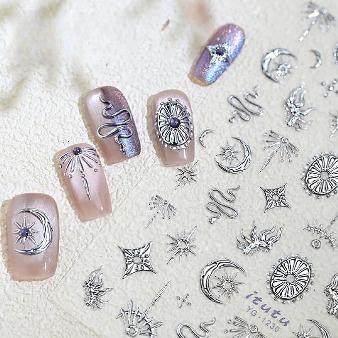 Silver Nail Stickers Star Moon Nail Supplies 5D Embossed Totem Nails Designs 3D Self-Adhesive Snake Nail Decals Sun Flame Nail Art Decoration for Women Girls DIY Manicure 1 Sheet