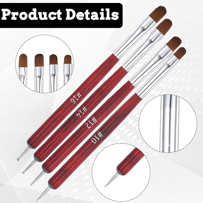 4 PCS Gel French Tip Nail Brush, 2-Way French Manicure Brush for Nails, Wooden Handle French Tip Tool, Nail Brushes for Nail Art Design Professional Manicure(10# 12# 14# 16#, Red)