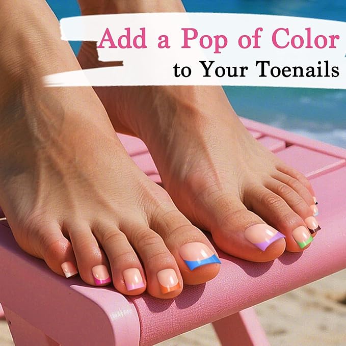 15 Sizes 300 PCS Press on Toenails for Women, 10 Rainbow Colors Fake Toe Nail Sharp Square, Brighter Pastel French False Nails Tip Pre-applied Primer& Base Coat, Need Builder Nail Gel& Top Coat
