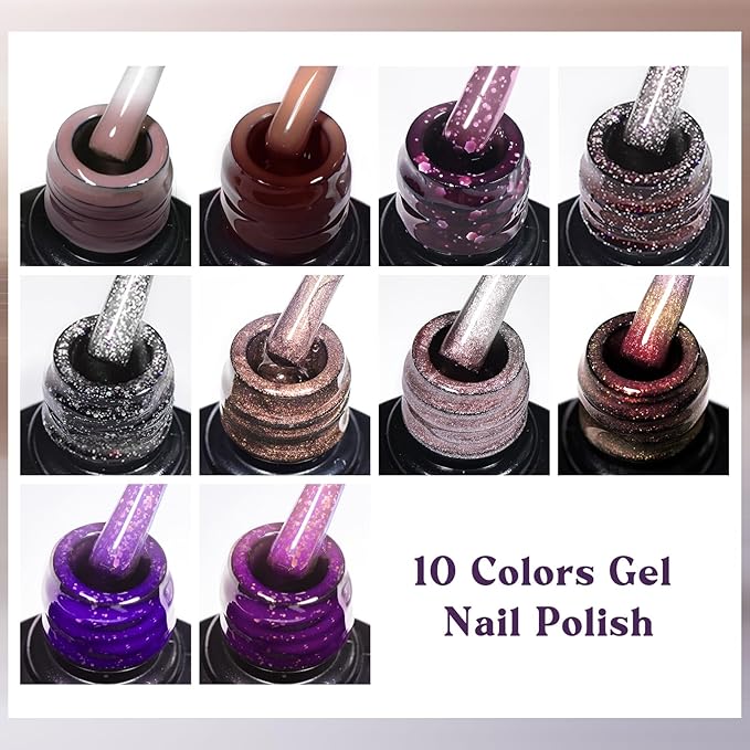 MEET ACROSS Color Changing Gel Nail Polish Set, 12 PCS Shimmer Glitter Mood Temperature Change Colors Kit, Black Brown Gray Purple UV Thermal Manicure Gel Gift