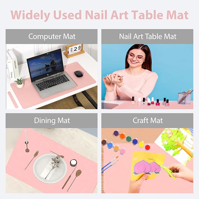 2 PCS Nail Art Table Mat, Soft Microfiber PU Leather Nail Pad, Foldable Nail Art Rest Pad, Reusable Nail Mat for Table Desk, Acrylic Nail Desk Mat for Nail Cushion (Pink and Pink)
