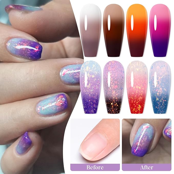 MEET ACROSS 8Pcs Color Changing Gel Nail Polish Set Nude Brown Amber Temperature Mood Changed Glitter Nail Polish Gel Polish DIY Salon Gift for Women