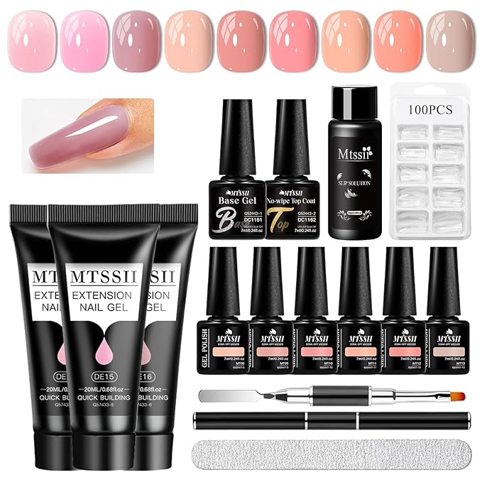 MTSSII 15Pcs Gel Nail Polish Set 6Pcs Gel Polish + 3Pcs Poly Extension Gel for Nail Nude Pink Skin Tones Neutral Nail Art Design Manicure DIY Home Salon