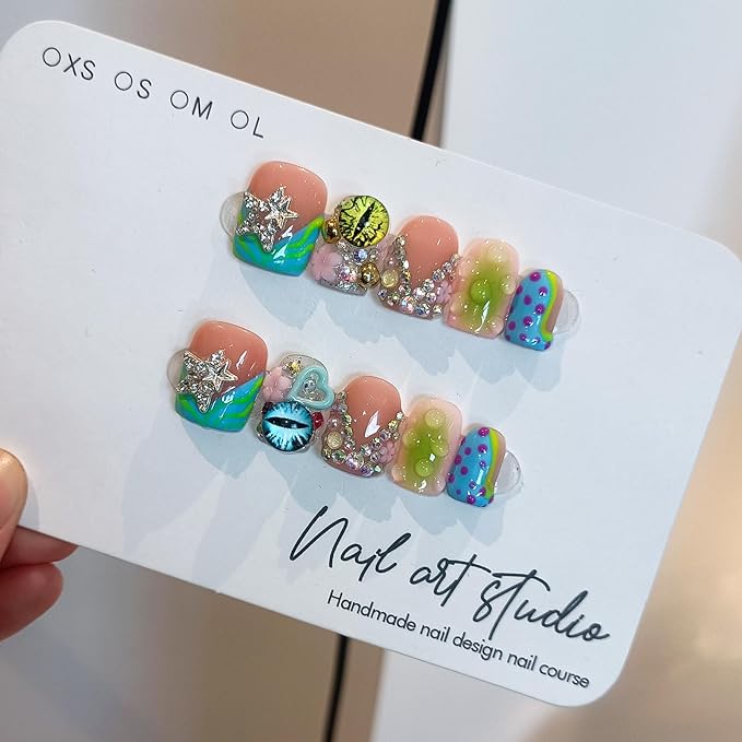 V-Shape French Tips Square Nails,Acrylic Press on Nails with 10pcs Kit,Sweet Edgy Y2K Hand-Painted Art False Nails,Neon Yellow-Green Fake Nails with 3D Stars, Hearts, Rhinestones Flowers(L)