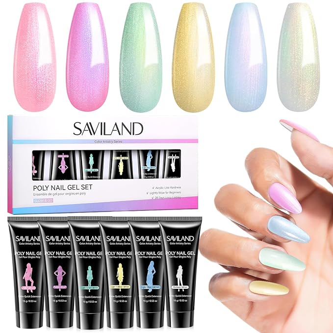SAVILAND Hema-Free Poly Extension Gel Nail Kit: 6 Poly Gel Colors Fine Shimmer White Yellow Pink Poly Extension Gel Nail Kit, Long Lasting Hardness Poly Gel for Nourishing Nail Salon Home DIY Manicure