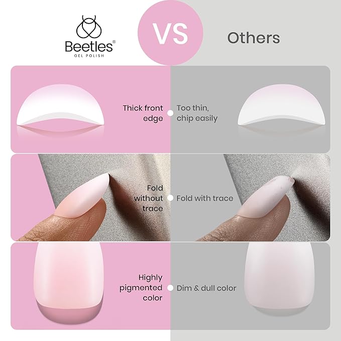 Beetles French Tip Press On Nails, 16 Sizes 224 Pcs Ombre Pink Extra Short Almond Press On Nails 4 In 1 Gel Nail Tips Pre-Applied Primer Base Soak Off Uv Nail Extension Gift for Women