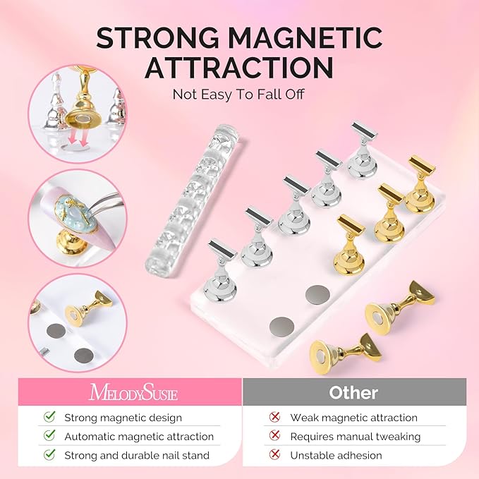 MelodySusie Nail Stand for Press Ons, Big Transparent Acrylic Magnetic Base for Practice Painting Display with Brush Holder and 100 Pcs Reusable Double-Sided Tape for Home DIY Salon Supplies