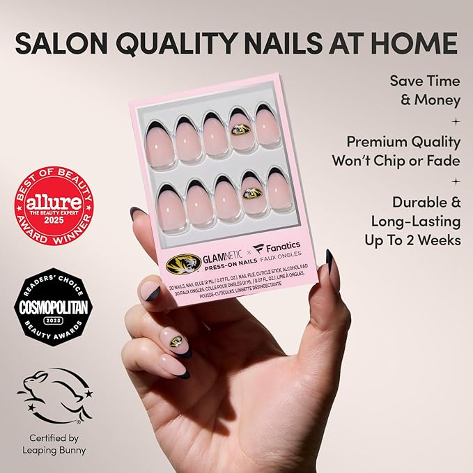 Glamnetic x Fanatics Press On Nails - Missouri Tigers | Short Almond Fake Nails, Collegiate Tigers Black French Tips, College Nails, Salon-Quality | 15 Sizes - 30 Nail Kit with Glue